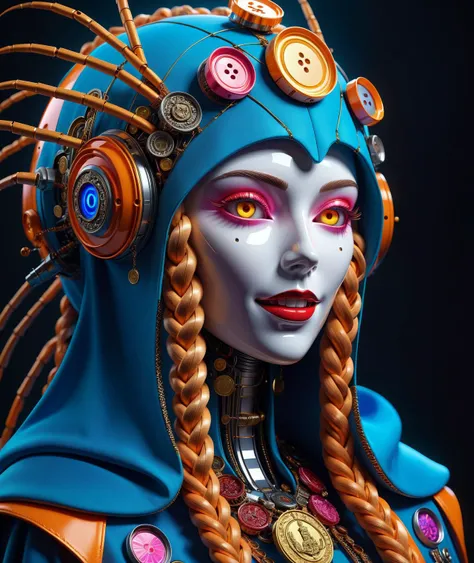 (3D render of a intricate detailed robot:1.2), portrait queen in cloak, robe, hood with trinkets and medals and fabric patches sewn to it, full of buttons and zippers, leather, damp, sharp style, matte, rubber, scratches, grit, smiling, transparent (fluffy braid fabric:1.3), pastel colors, candy factory, gold, masterpiece, high quality, best quality, beautiful photo of the genesis by Omnissa and Wojtek Fus, futuristic, solarpunk, maximalist, realism, realistic, insane details, DMT, cinematic lighting, HD, 8k, matte metallic, sunshine, full of stickers and graffiti, shade, shadowy rooms, (ominous red bamboo, blue orange plants, deadly poisonous flowers:1.1), abstract fractal arrangements, cyberfusion, robot, <lora:sdxl_THR33D-000004:0.3>, XKSTDO style <lora:sdxl_PsyAI4:0.2> psyai, psychedelic, visionary < <lora:sdxl_TeethXL:0.4> <lora:sdxl_mecha :0.1>