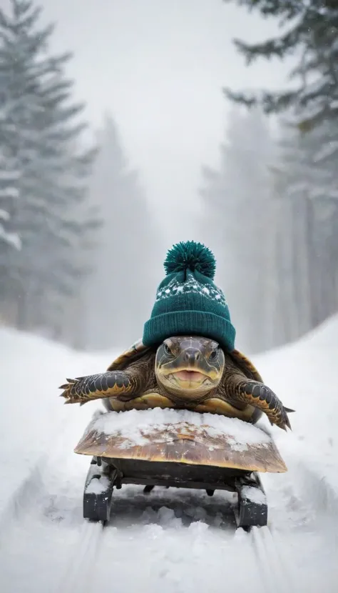 winter photo of a happy turtle riding a sled down a snowy hill, motion blur, speed lines, beanie hat