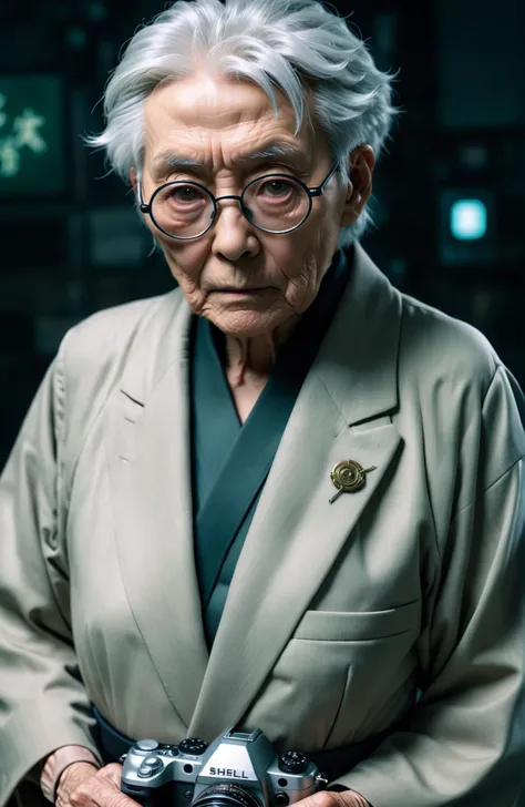 a fashion photoshoot of a old japanese professor from Ghost in The Shell live action anime remake, cover photo of really old wrinkly senior, fisheye