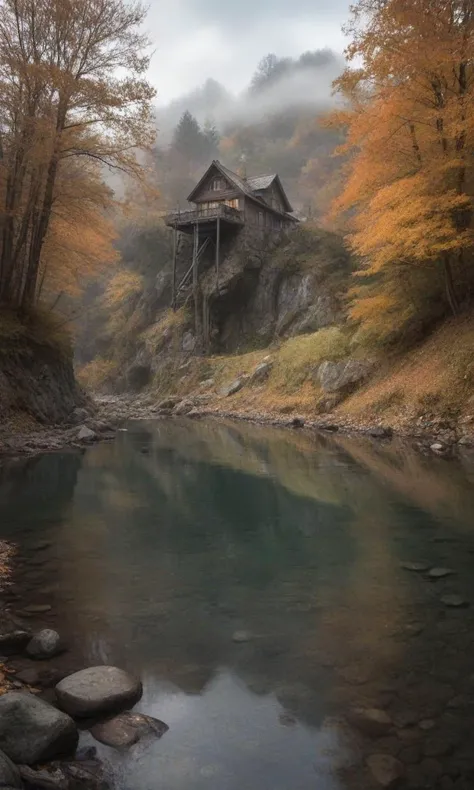 view from the depths of the cave, an autumn landscape, a small smooth lake, a stone shore strewn with autumn leaves, a suspension bridge on ropes across the river, an old wooden house stands on a hill, in the fog, among the trees, a house near a large mountain, dark clouds, a beam of light breaks through the clouds, illuminating the house