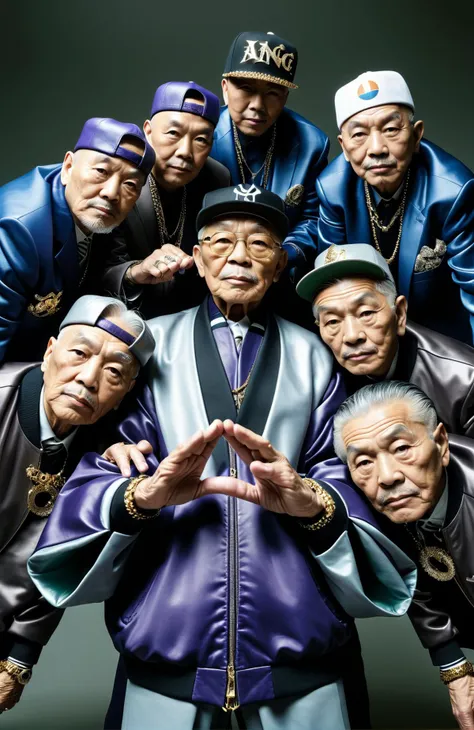 a fashion photoshoot with (dynamic dutch angle:1.4) of a hip hop gangsta cover photo of (really old wrinkly senior:1.2) japanese boy band, (from below, fisheye:1.2)