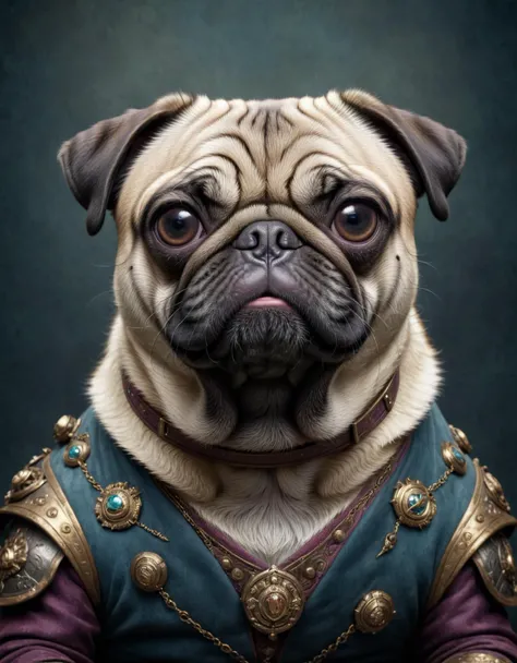 beautiful 3D render of a maximalist pug considering lighthearted satisfactions with gazing eyes a highly detailed fantasy portrait, an image of immaculate quality and with stunning detail in high definition 8K and beyond, analog rugged quality of textures and gritty film grain