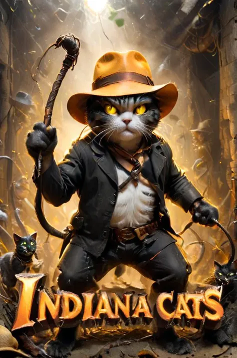 (("Indiana Cats" (text logo:1.8))) <lora:Harrlogos_v2.0:1.8>, (full body), (((fat cats))), (the screensaver for the movie "Indiana Jones", fat cats in hats and with a whip in their hand), predominant yellow and black and orange color, hyper-detailed, hyper-realism, sharp shot, cinematic, background action-packed, <lora:xl_more_art-full_v1:1>,
