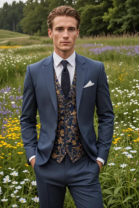grunge style a 35 year old man with a strong jawline and piercing blue eyes stands confidently in a sun drenched field of wildflowers, his attire a masterpiece of modern design. he wears a bespoke three piece suit crafted from an intricate blend of silk and wool, its tailored fit accentuating his broad shoulders and lean physique. the jacket's lapels are adorned with delicate embroidery, resembling the tendrils of a vine, which seems to grow and twist around the fabric as if infused with life. the suit's primary color is a deep, rich indigo, which serves as a striking backdrop for intricate patterns woven throughout the garment. delicate silver threads form a geometric design on the jacket's sleeves, while a subtle sheen on the trousers catches the sunlight, imbuing them with an air of sophistication. a crisp white shirt with a subtle texture and a slim tie in a darker shade of blue add a touch of understated elegance to the overall ensemble. the man's hair is styled in a modern, textured cut, adding volume to his already impressive presence. his eyes are framed by thick lashes and accentuated by a subtle smattering of freckles across the bridge of his nose. a strong, chiseled jawline and a small scar above his left eyebrow ??? depth and character to an otherwise angular face. as he moves through the field, the wind whispers through the wildflowers, causing them to sway gently in rhythm with his footsteps. the man's eyes seem to drink in the beauty of the surroundings, his expression a perfect balance of serenity and quiet confidence. it is as if he has been crafted from the very fabric of the landscape itself, a living embodiment of the harmony between nature and human design. . textured, distressed, vintage, edgy, punk rock vibe, dirty, noisy