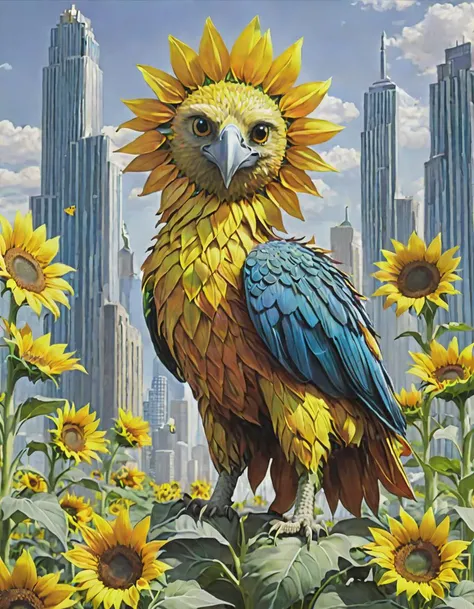 fairy tale Generate an artwork of a vibrant sunflower field in the midst of a bustling city, with a majestic griffin soaring above it. The towering skyscrapers and honking cars create an urban backdrop for this peaceful oasis as the griffin's powerful wings spread wide against the sky . magical, fantastical, enchanting, storybook style, highly detailed,