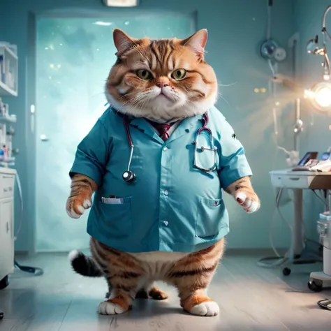 ((full body)), ((a fat cat in a doctor's outfit)), ((glow)) hyper-detail, hyper-realism, cinematic, action-packed background, (bokeh effect) <lora:xl_more_art-full_v1:0.8>