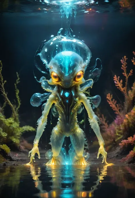 bioengineered creature, bioluminescence, water, reflections, colorful hazy background, <lora:add-detail-xl:1>, <lora:xl_more_art-full_v1:1>, <lora:Scifi:1>