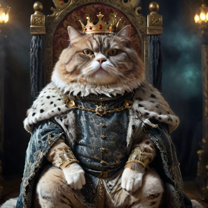 ((full body)), ((a fat cat dressed as a king, on a throne. )), ((glow)) hyper-detail, hyper-realism, cinematic, action-packed background, (bokeh effect) <lora:xl_more_art-full_v1:0.8>