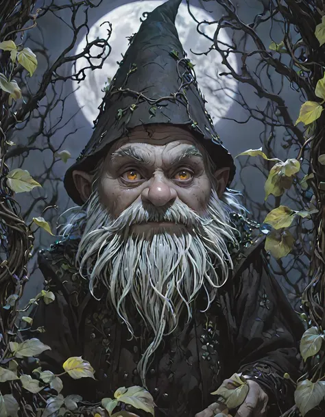 Positive prompt:
gothic style An evil gnome illuminated by the dim light of a full moon, The miniature menace stands amidst tangled vines and decaying leaves, cinematic scene. dimly lit eyes you with wild intensity, a blend of Slawomir Maniak's surrealism, Yoshitaka Amano's otherworldly style, highly detailed eyes, Philippe Druillet's fantastical landscapes, . dark, mysterious, haunting, dramatic, ornate, detailed