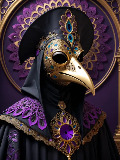 a high definition photo with poppy vibrant color scheme of an (intricate plague doctor, venetian mask ominous ornamental gothic peacock:1.1), sharpened image by renowned artist Herman Ng and Anato Finnstark with elements of Mina Mond, the image is almost 8K and very 3D adorned with golden and purple fractals in the style of Peter Gric on DMT and sacred geometry LSD