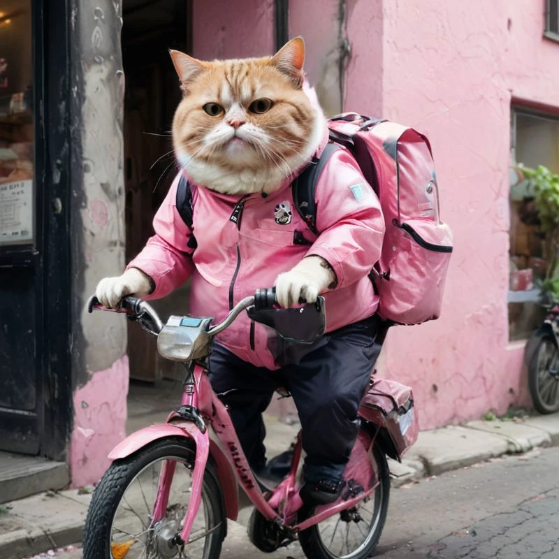 ((full body)), fat cat in pink food delivery suit, riding a bicycle, large backpack with orders behind him, <lora:xl_more_art-full_v1:1>, action-packed background, cinematic, high quality detail, high realism, bright contrasting colors, (bright contrasting colors)