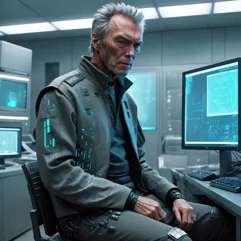 <lora:sdxl_cyberpunk:1> Clint Eastwood wearing cyberpunk clothes sitting at a computer in a futuristic cyberpunk server room