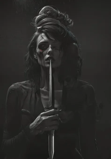 I feel the daggers in the dark, depression, alone, monochrome, pop of colors, extremely detailed, paranoid, mood, you make me fucking sad