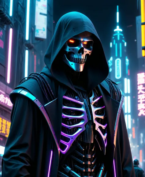 8k, best quality, masterpiece, (realistic), ultra-detailed, cyberpunk, highly detailed digital art masterpiece, low angle, hd 8k, sharp focus, the grim reaper in a dystopian cyberpunk city, cybernetic implants, neon, glowing