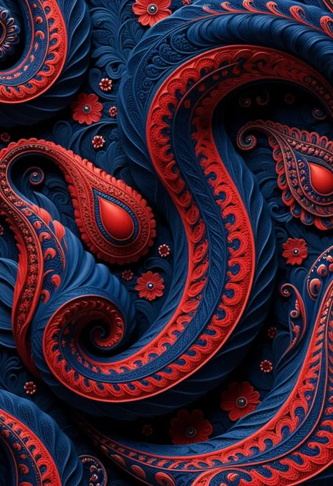 photo of a paisley pattern, boteh, paisley, navy blue, madder red, almond, entwined paislies, official art, aesthetic, dynamic angle, hyper detailed, order and chaos, dark colors, (extremely detailed, intricate details, masterpiece, best quality, 8k wallpaper:1.4), dramatic lighting, (dark blue and madder red palette:1.2), twisting paisley