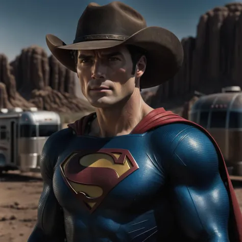 cinematic still of Superman, wearing a cowboy hat, background is a trailer on the desert, highly detailed, highly realistic, outdoor lighting, masterpiece, 8k