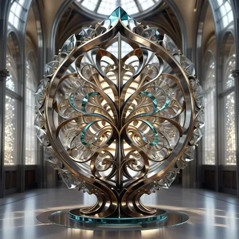 solo, rating:safe, A photo of a large floor standing, fractal inspired, metal and glass sculpture. masterpiece, sharp focus, highly detailed, high quality, digital illustration, intricate details, elegant, beautiful, light reflection, trending on artstation, sharp focus, photorealistic, hyperrealism, <lora:sdxl_lora_rustako:0.6>