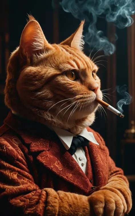 Inspired by the film Godfather shooting aesthetics,A fat red Garfield cat smokes cigarette,Cinematic Lighting,moody lighting<lora:Rembrandt Lighting Style:0.75>,Rembrandt Lighting Style,casting shadow style,cucoloris patterned illumination<lora:casting shadow style:0.85>,
Hyper-detailed,Insane Details,Intricate Details,Super-Resolution,Megapixels,Strong Shadows,Hypermaximalist,Super Detailed,clear<lora:clear:1><lora:xl_more_art-full_v1:0.5><lora:RMSDXL_Enhance:1><lora:DD-pnte-neg-v1:-1.5><lora:MJ52:0.5><lora:sd_xl_dpo_lora_v1:0.7>,