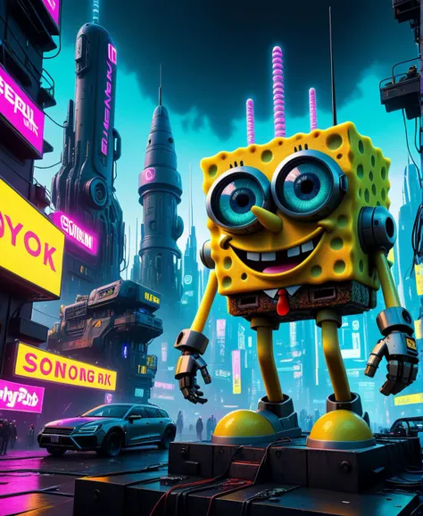 8k, best quality, masterpiece, (realistic), ultra-detailed, cyberpunk, highly detailed digital art masterpiece, low angle, hd 8k, sharp focus, sponge bob in a dystopian cyberpunk city, cybernetic implants, neon, mechanical eye,