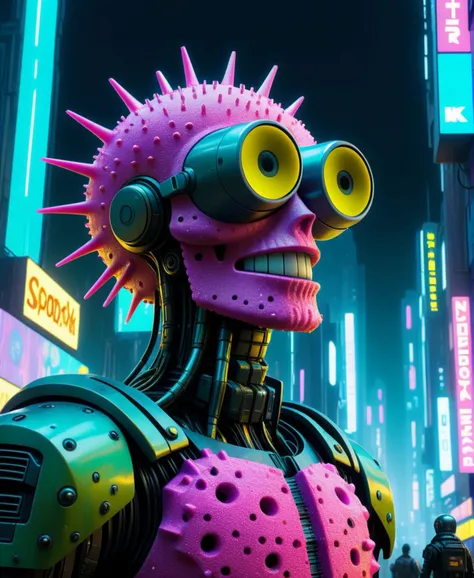 8k, best quality, masterpiece, (realistic), ultra-detailed, cyberpunk, highly detailed digital art masterpiece, low angle, hd 8k, sharp focus, sponge bob in a dystopian cyberpunk city, cybernetic implants, neon