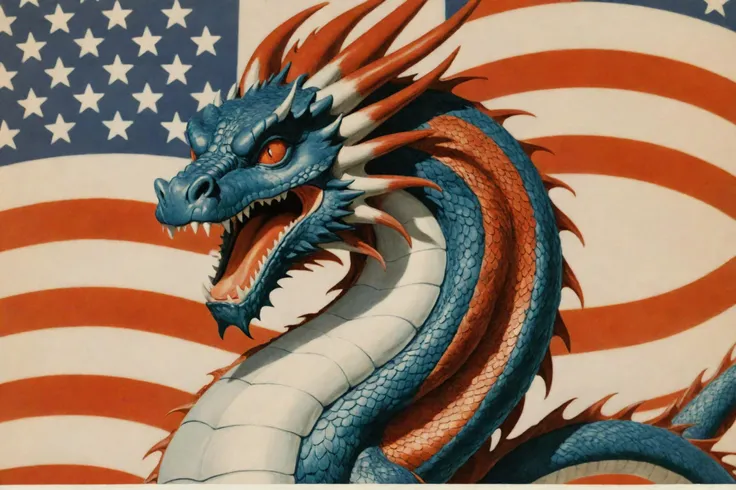 A mythical dragon from the united states , patriotic dragon fully American stereotypical
<lora:SDXL-VintageMagStyle-Lora:1> VintageMagStyle