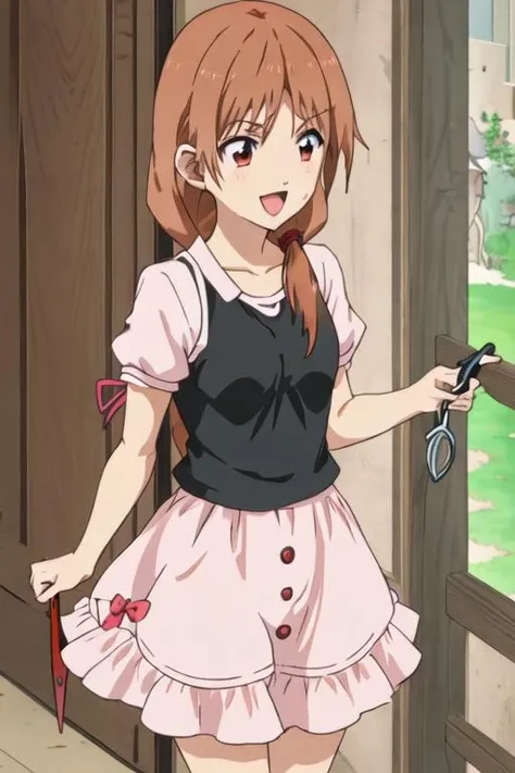 best quality, masterpiece, highres, solo, {hanabatake_yoshie_ahogirl:1.15}, brown_hair, open_mouth, long_hair, smile, red_eyes, 1girl, brown_eyes, parody, blush, :d, scissors