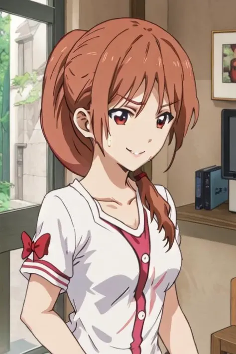 best quality, masterpiece, highres, solo, {hanabatake_yoshie_ahogirl:1.15}, brown_hair, open_mouth, long_hair, smile, red_eyes, 1girl, collarbone, looking_at_viewer, ponytail, shirt, upper_body, low_ponytail