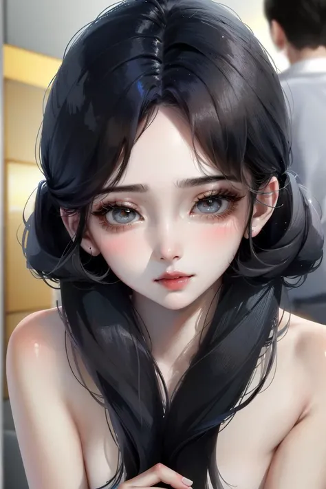 1girl, solo focus, young women, skin imperfection, pale skin, perfect face, puffy face, beautiful face, big eyes, puffy eyes, amber eyes, perfect eyes, eyelashes, absurdly long layered cut jet black hair