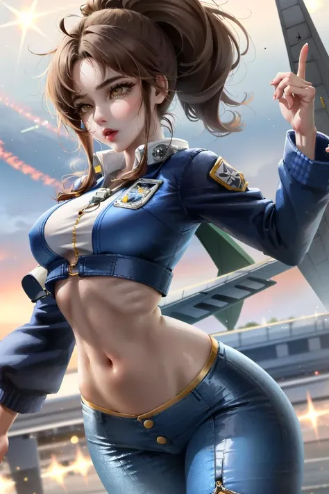 1girl, solo focus, girl, skin imperfection, light fair skin, perfect face, puffy face, beautiful face, big eyes, puffy eyes, yellow eyes, perfect eyes, eyelashes, medium sleek ponytail brown hair, [rough body, curvy, narrow waist, big pelvis, wide hips, skindentation], glossy lipstick, (((plane pilot))), employee badge, ((pilot outfit)),
, , hair ornament,button gap,ring, dynamic pose, sigh