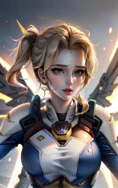 1girl, solo focus, skin imperfection, skindentation, perfect face, puffy face, beautiful face, big eyes, puffy eyes, perfect eyes, eyelashes, Mercy from overwatch