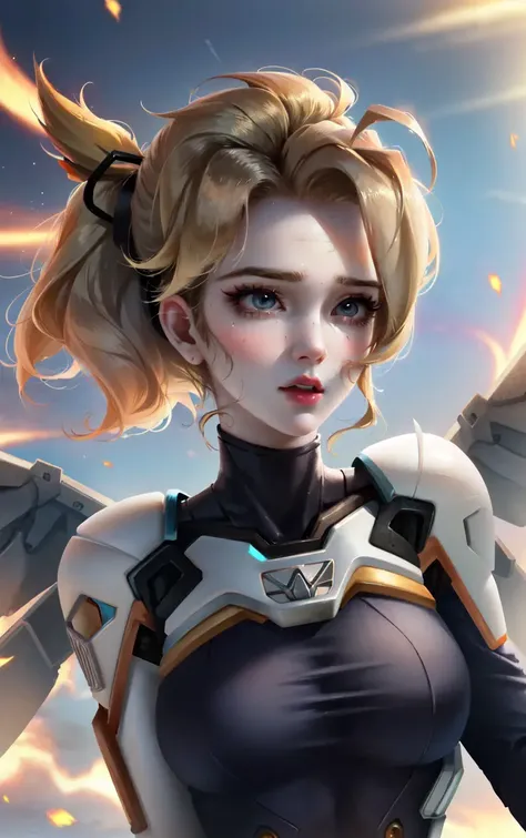 1girl, solo focus, skin imperfection, skindentation, perfect face, puffy face, beautiful face, big eyes, puffy eyes, perfect eyes, eyelashes, Mercy from overwatch