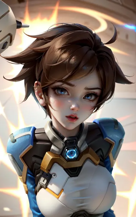 1girl, solo focus, skin imperfection, skindentation, perfect face, puffy face, beautiful face, big eyes, puffy eyes, perfect eyes, eyelashes, Tracer from overwatch