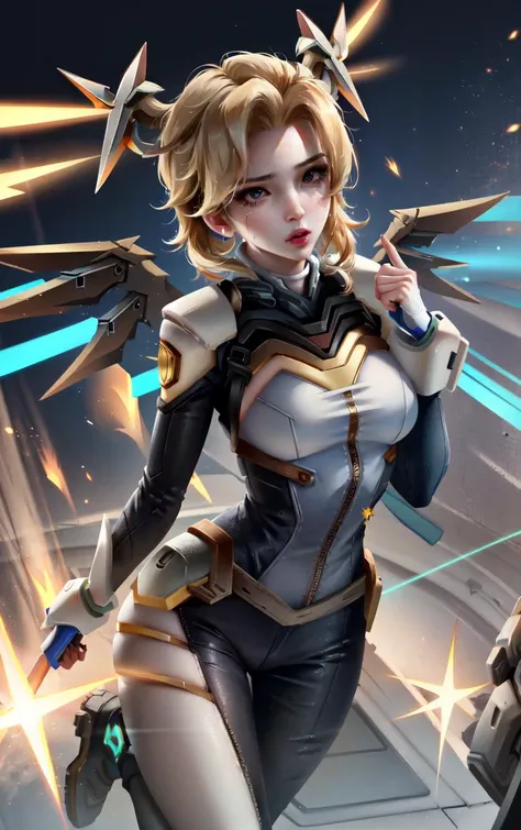 1girl, solo focus, skin imperfection, skindentation, perfect face, puffy face, beautiful face, big eyes, puffy eyes, perfect eyes, eyelashes, Mercy from overwatch