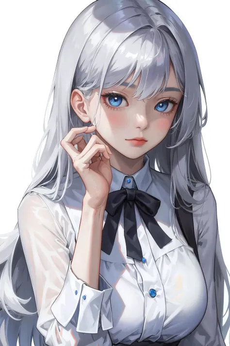 POV, ((masterpiece, best quality)), upper body, 1girl, solo, (white background:1.3), (simple background:1.3), long hair, gray hair, *//*, blue eye, *//*, white blouse, looking at viewer,