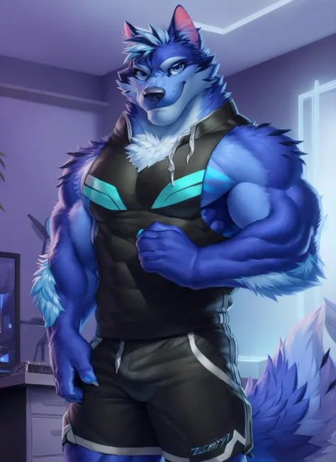 <lora:tindalos-06:1>, tindalos, (soft shading), 4k, hi res, ((detailed face, detailed eyes, detailed)), (full body), by zackarry911, by zaush, (by personalami:0.5), mature male, bara, muscular, muscular male, (pose:1.3), looking at viewer, 1boy, bare shoulders, male focus, thighs, shorts, bare arms, tank top, bulge, pectoral cleavage, sidepec, smile, bedroom, pc, computer, neon lights, wolf tail, flexing arm, flexing biceps