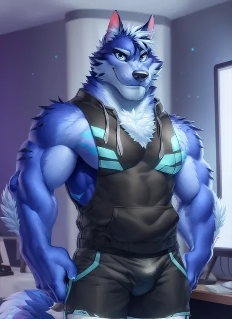 <lora:tindalos-06:1>, tindalos, (soft shading), 4k, hi res, ((detailed face, detailed eyes, detailed)), (full body), by zackarry911, by zaush, (by personalami:0.5), mature male, bara, muscular, muscular male, (pose:1.3), looking at viewer, 1boy, bare shoulders, male focus, thighs, shorts, bare arms, tank top, bulge, pectoral cleavage, sidepec, smile, bedroom, pc, computer, neon lights, wolf tail, flexing arm, flexing biceps
