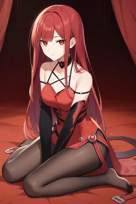 score_9, score_8_up, score_7_up, source_anime, rating_safe, intricate details, anime screencap, official style,  <lora:Crimson_Avenger:1>, Elesis, red hair, long hair, red eyes, gloves, choker, collarbone, bare shoulders, red vest, black elbow gloves, black pantyhose, looking at viewer, expressionless, full body, kneeling, sitting on bed, feet, parted lips