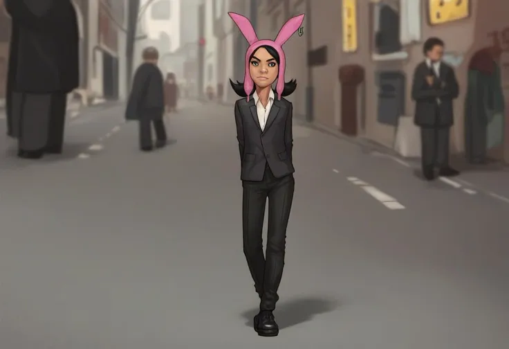 source_cartoon, rating_safe, <lora:Louise_Belcher_for_PonyXL:0.9>, louise_belcher, black suit, sunglasses, flat chest, ear piece, standing on a city street, looking at viewer, hands behind back, emotionless, score_9, score_8_up, score_7_up, score_6_up, score_5_up, score_4_up