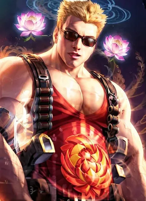 man lifting weights, hyper realistic face in the art style of greg rutkowski and fantasy - 4 k. beautiful shapely body with a lotus flower hair windy atmosphere intricate painting by ross tran vivid colors smooth sharp focus illustration epic composition trending on ArtStation conceptart octane render unreal engine 5 highly detailed award winning photograph red white pink yellow black cinematic volumetric lighting close up shot extremely moodie light fogull background 8k <lora:DukeNukem_V1:1>