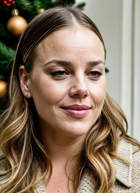 RAW photo of abbiecornish-ti, natural lighting, 8k uhd, dslr, high quality, film grain, Fujifilm XT3, <lora:add_detail:0.7> by Annie Leibovitz, (christmas clothing)