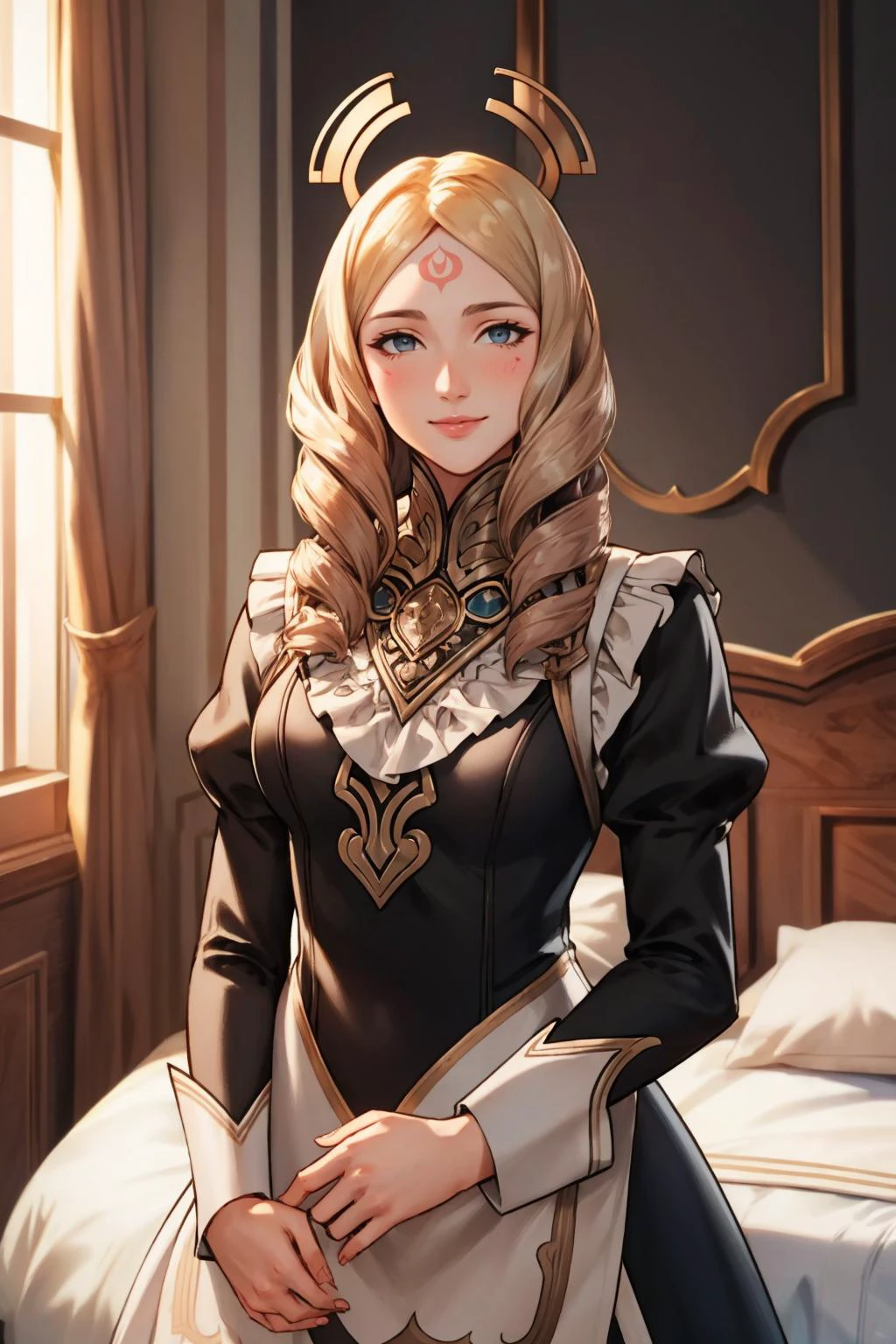 masterpiece, best quality, emmeryn, forehead mark, fates maid, bedroom, smile, bed, looking at viewer, cowboy shot <lora:emmeryn-nvwls-v1-000010:0.8> <lora:FEFatesMaid_v1:1>