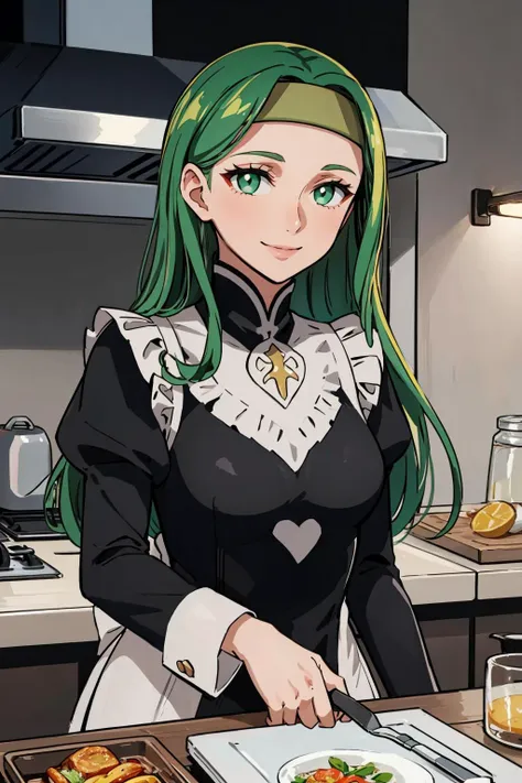 masterpiece, best quality, syrene, green eyes, headband, fates maid, kitchen, upper body, cooking, smile <lora:syrene-nvwls-v1-000009:0.9> <lora:FEFatesMaid_v1:1>