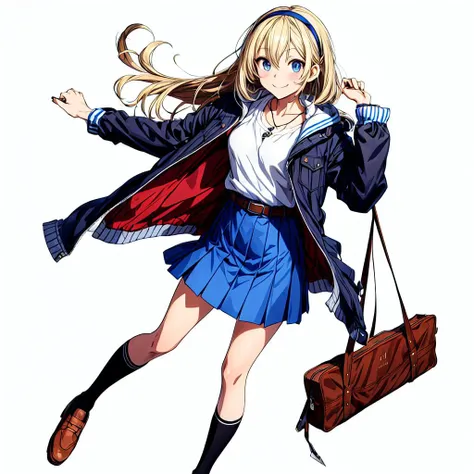 minazuki natuki,solo,1girl,<lyco:minazuki natuki:0.5>,1girl, solo, blonde hair, long hair, blue eyes, skirt, jacket, ahoge, brown footwear, hairband, smile, blush, white background, full body, simple background, looking at viewer, jewelry, blue skirt, necklace, breasts, jacket on shoulders, hand on own chest, belt, black hairband, black socks, socks, shirt, blue jacket, shoes, watch, white shirt,<lora:flat2:-1>,<lora:boldline2:-0.5>