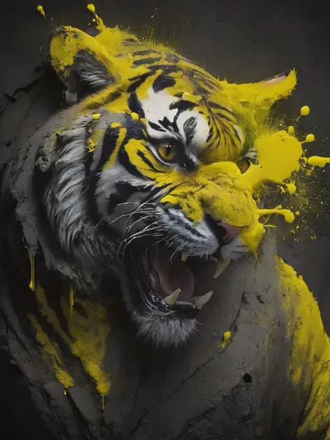 necessary accessory, a dark evil plotting tiger with concrete snow on its head, villains finest selection, cutting trough the darkness, neon yellow paint , <lora:- SDXL - conrtneo _neon-concrete _V1.0:0.7>, <lora:- SDXL - vntblk_vanta_shapes_V1.0:1>