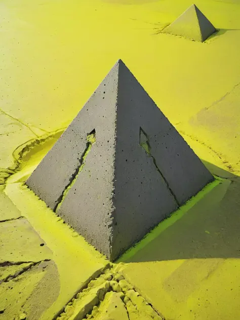 conrtneo, a pyramite made out of concrete, in neon yellow sand, detailed, painting, <lora:- SDXL - conrtneo _neon-concrete _V1.0:1>