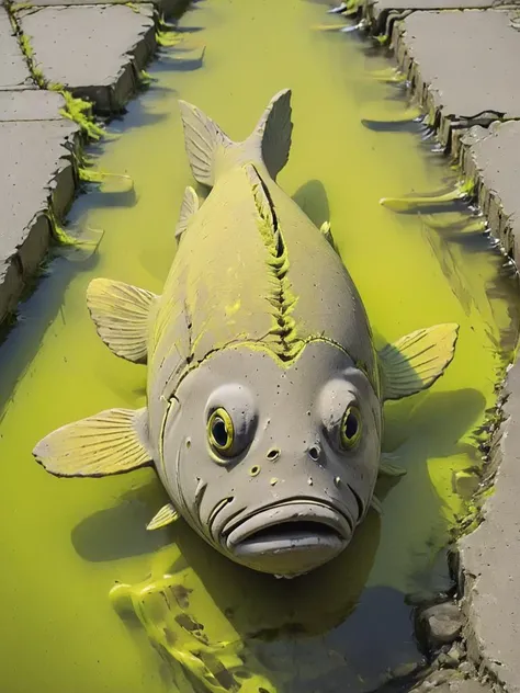 conrtneo, wide-angle shot, concrete fish swimming in neon yellow water, <lora:- SDXL - conrtneo _neon-concrete _V1.0:1.2>