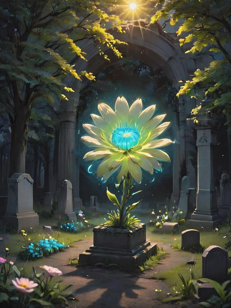 letitflrsh, (let it flourish), angelic being neon flowers on a graveyard, radiating light, illumination, atmospheric, scale, order, healing, light, hope, soothing, calm , <lora:- SDXL - letitflrsh_let_it_flourish_V1.0:.8> <lora:- SDXL - conrtneo _neon-concrete _V2.0:0.7>