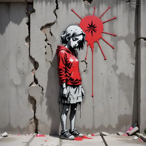 conrtneo, concrete, anime key visual, Palestine woman, concrete wall, suffering, ruined wall, crumbling concrete, stark lighting, red neon, stylised by Banksy   <lora:- SDXL - conrtneo _neon-concrete _V1.0:0.9>