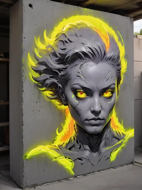 portrait of the phoenix from X-men, fiery neon, conrtneo, <lora:- SDXL - conrtneo _neon-concrete _V2.0:0.8> concrete