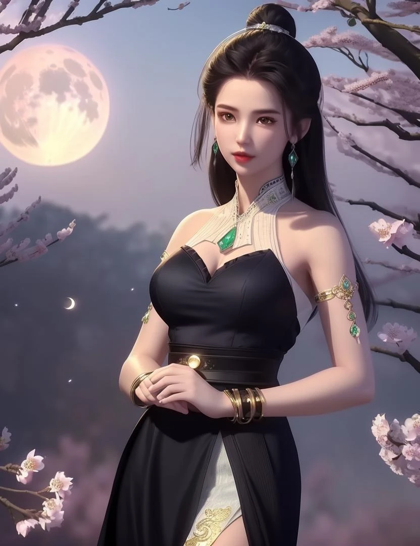 ultra realistic 8k cg, picture-perfect face, flawless, clean, masterpiece, professional artwork, famous artwork, cinematic lighting, cinematic bloom, perfect face, beautiful face, fantasy, dreamlike, unreal, science fiction, beautiful clothes, lace, lace trim, lace-trimmed legwear, (rich:1.4), prestige, luxury, jewelry, diamond, gold, pearl, gem, sapphire, ruby, emerald, intricate detail, delicate pattern, charming, alluring, seductive, erotic, enchanting, hair ornament, necklace, earrings, bracelet, armlet,halo
((,1girl, ,))(((,,full moon,cherry, cherry blossoms, 1girl, tree, spring_\(season\), solo, black_hair,chinese clothes,looking at viewer, upper body, ))) <lora:DA_LanLingErAdult:0.6>